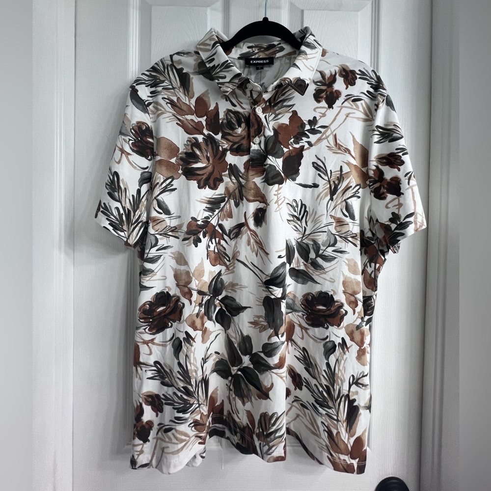Express Men's Floral Button Down Shirt - Brown and Black